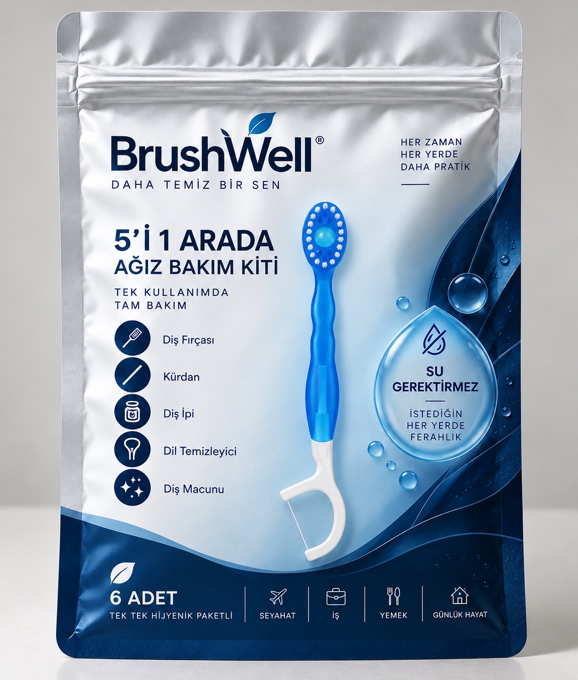 BrushWell® 5’i 1 Arada Ağız Bakım Kiti – Tek Kullanımlık Diş Fırçası