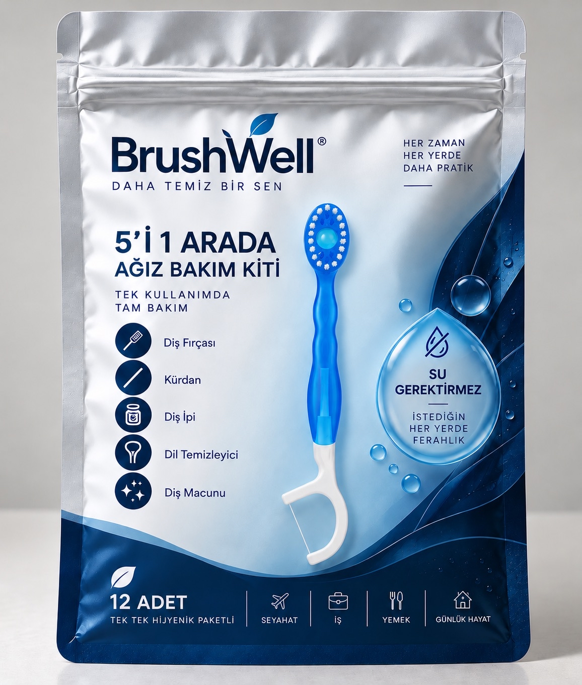 BrushWell® 5’i 1 Arada Ağız Bakım Kiti – Tek Kullanımlık Diş Fırçası